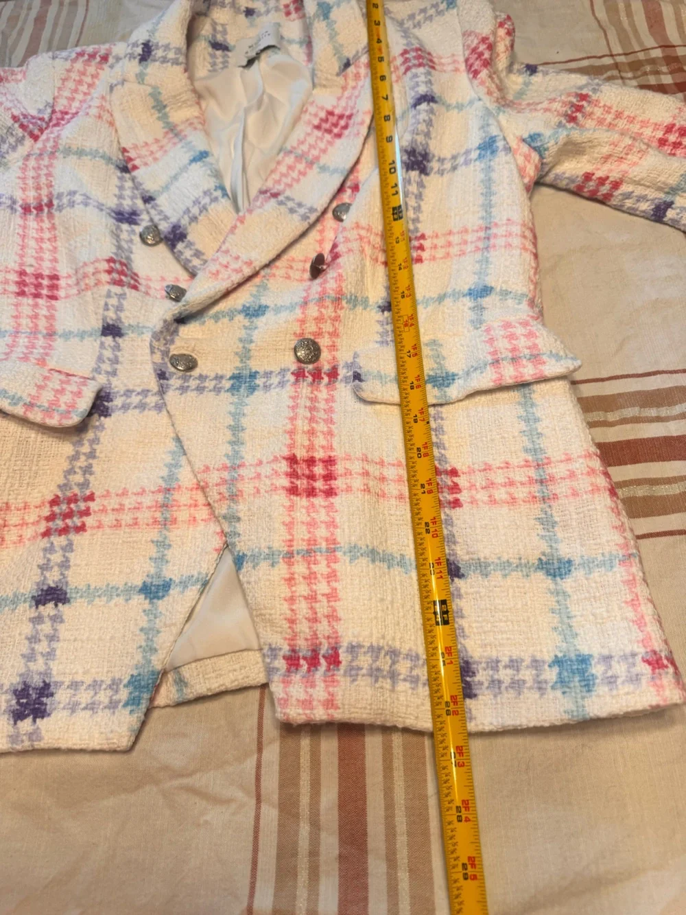Maison d’Amelie Paris Blazer L Pastel Plaid Tweed Double Breasted Preppy Chic E